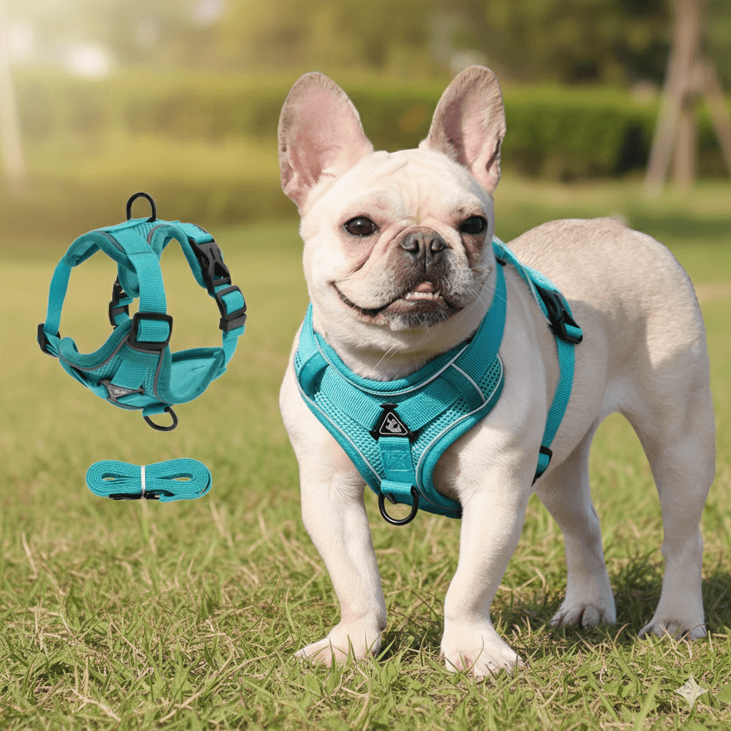 Harnais Confort Chien avec Laisse Assortie – Plastron Mesh Respirant | Bandes Réfléchissantes | Anti-Traction | Sangles Ajustables | S à XL | Turquoise / Rose / Marron