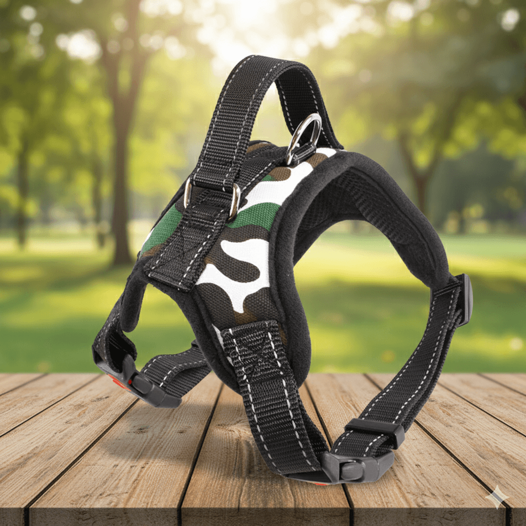 Harnais Chien Robuste avec Poignée de Contrôle – Anti-Traction | Boucle Sécurisée | Sangles Renforcées | XS à XL | Camouflage / USA / UK / Rouge